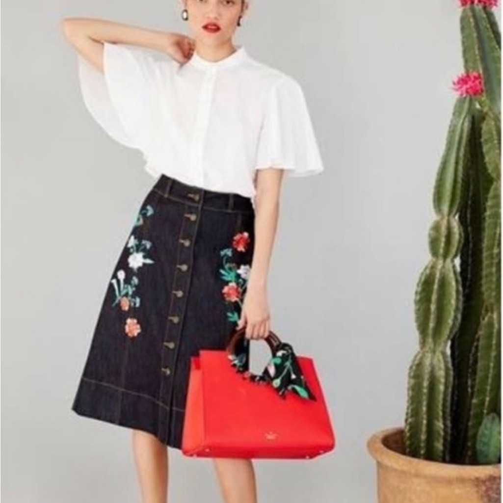 Kate Spade Dark Denim A-Line Skirt With Multicolor Floral Embroidery